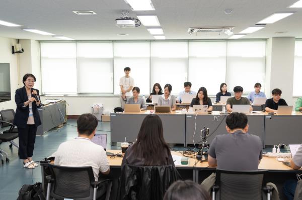 Lee Hye-sook, director of AI meteorological research at the National Institute of Meteorological Sciences, speaks to the press during the World Meteorological Organization