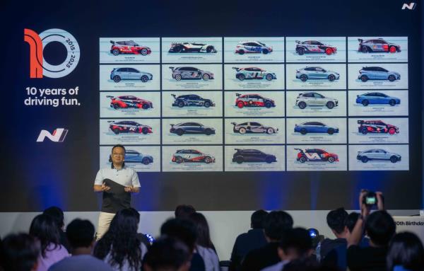 Park Joon-woo, head of Hyundai N management at Hyundai Motor Company, introduces N models during a media event marking the brand’s 10th anniversary, held Thursday at N Archive in Uiwang, Gyeonggi Province. (Hyundai Motor Company)
