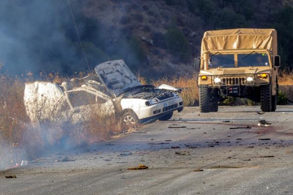 A Lebanese army humvee vehicle is pictured at the site of an Israeli strike in Marjayoun, Lebanon, Saturday. (AFP-Yonhap)