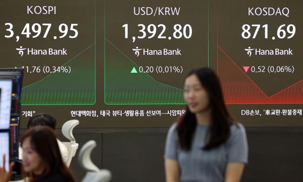 An electronic board showing the Korea Composite Stock Price Index at a dealing room of the Hana Bank headquarters in Seoul on Wednesday . (Yonhap)