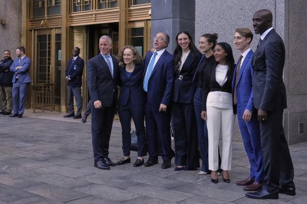 From left: Defense attorneys for Sean "Diddy" Combs Brian Steel, Alexandra Shapiro, Marc Agnifilo, Teny Garagos, Anna Estevao, Nicole Westmoreland, Jason Driscoll and Xavier Donaldson, outside Manhattan federal court, July 2.   (AP-Yonhap)