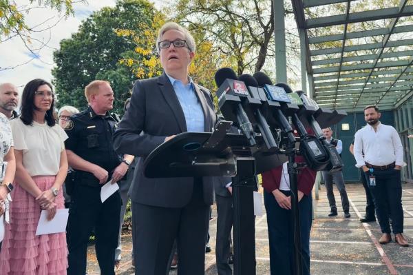 Democratic Oregon Gov. Tina Kotek speaks at a news conference in Portland, Oregon, Saturday. (AP-Yonhap)