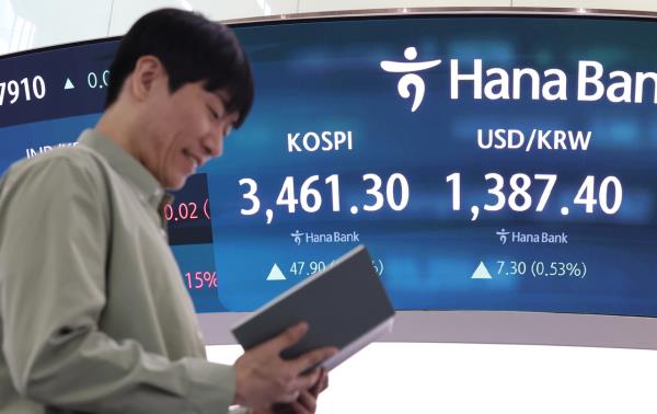 An electronic board showing the Korea Composite Stock Price Index at a dealing room of the Hana Bank headquarters in Seoul on Thursday. (Yonhap)