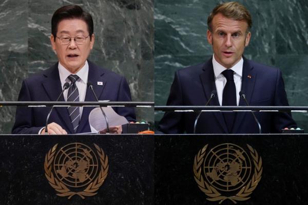 President Lee Jae Myung (left) and French President Emmanuel Macron (AP-Yonhap/AFP-Yonhap)