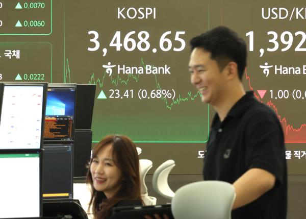 An electronic board showing the Korea Composite Stock Price Index at a dealing room of the Hana Bank headquarters in Seoul on Monday. (Yonhap)