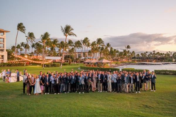 Mirae Asset Group Chair Park Hyeon-joo and global ETF staff pose at the Mirae Asset ETF Rally 2025, held in February at the Fairmont Orchid, Hawaii. (Mirae Asset Global Investments)