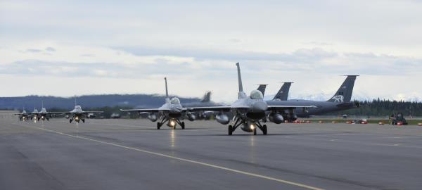 A formation of South Korean Air Force KF-16s lands at Eielson Air Force Base, outside Fairbanks, Alaska, June 5. (Air Force)