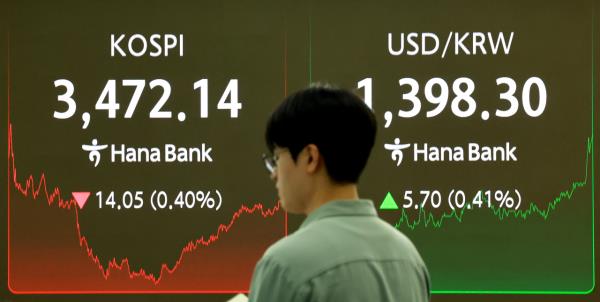An electronic board showing the Korea Composite Stock Price Index at a dealing room of the Hana Bank headquarters in Seoul on Wednesday. (Yonhap)